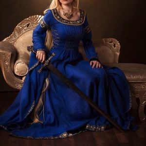 Blue and Gold Linen Beaded Armstreet “Lady of the Lake” Quality Medieval Dress